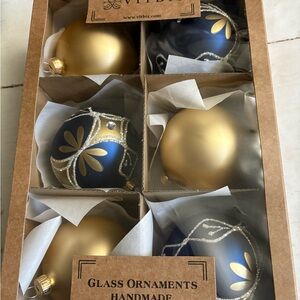 6 Vitbis Christmas Glass Ornaments Blue And Gold Glitter Handmade Poland